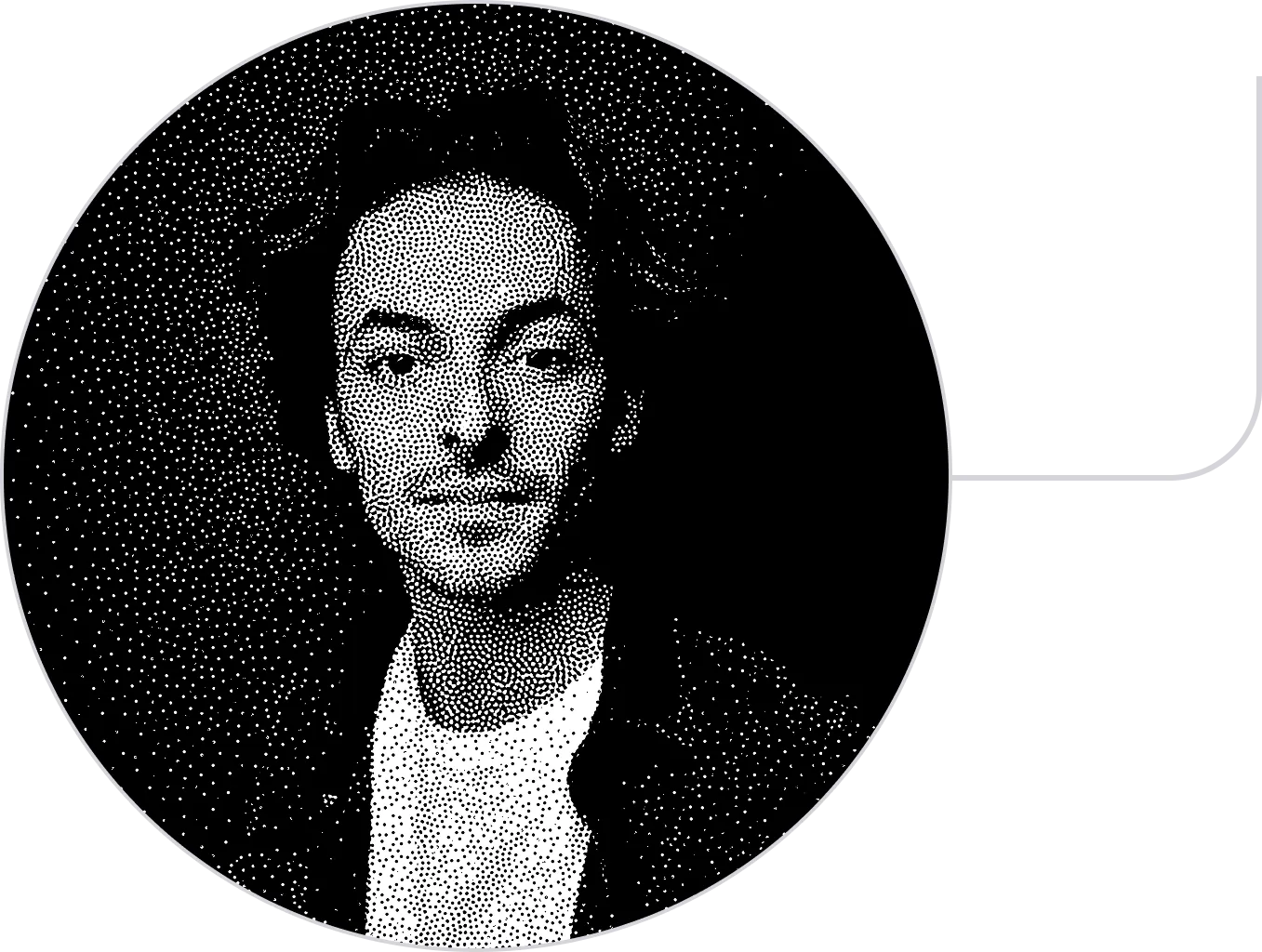 Black and white dot pattern portrait of a man with wavy hair wearing a white shirt and jacket.