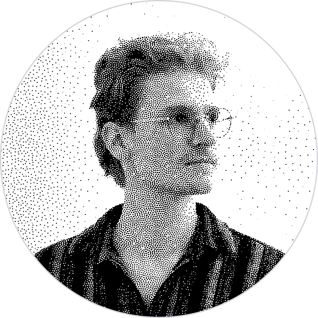 Black and white halftone portrait of a young man wearing glasses and a striped shirt looking right.