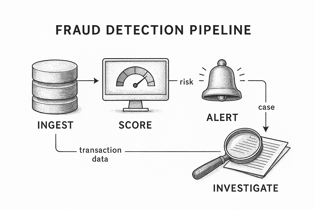 Pipeline diagram showing fraud detection stages: ingest transaction data, score risk, generate alerts, and investigate cases