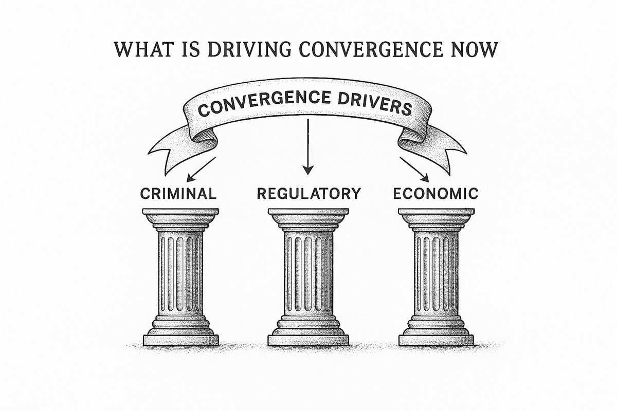 Three-pillar diagram showing the three forces driving FRAML convergence: Criminal convergence, Regulatory expectation, and Economic pressure