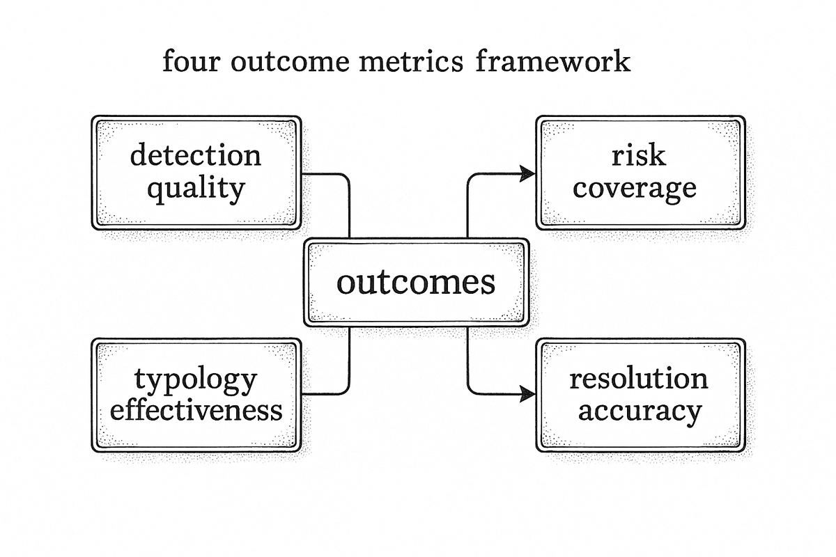 Framework diagram showing four outcome metrics: detection quality, risk coverage, typology effectiveness, and resolution accuracy connected to a central outcomes node