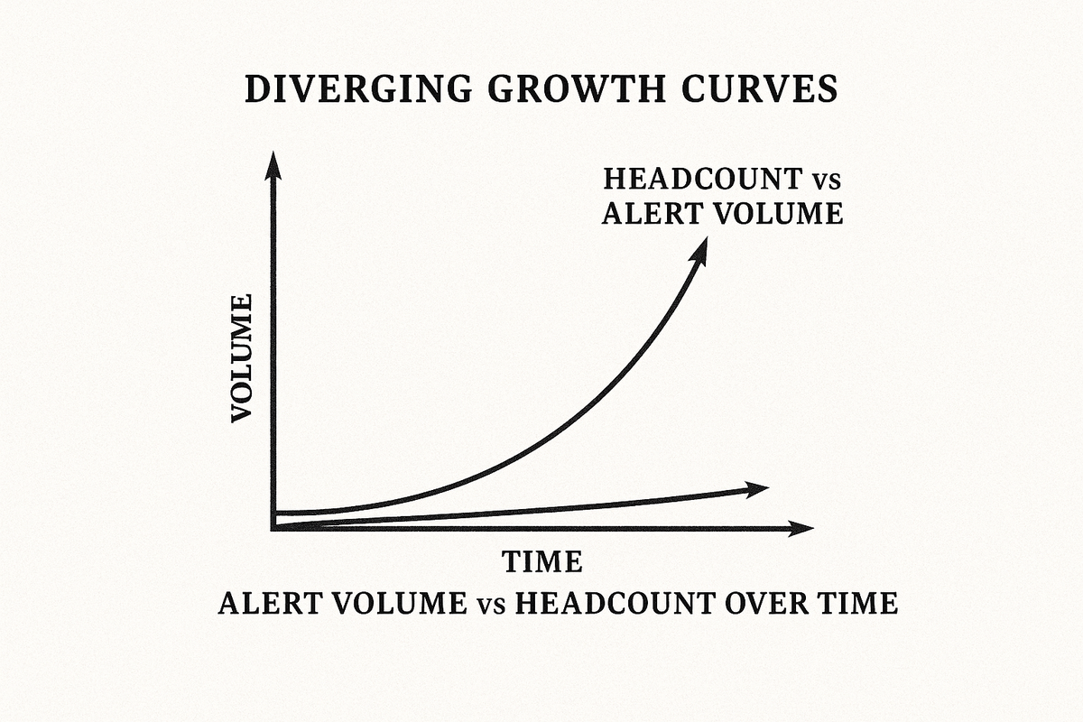 Graph showing alert volume growing exponentially over time while headcount grows linearly, with the gap between the two curves widening
