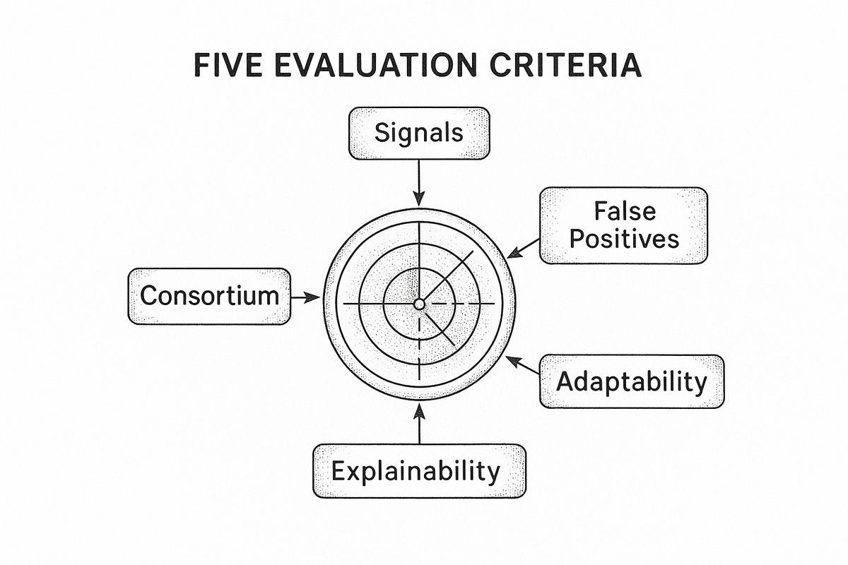 Diagram showing five evaluation criteria for fraud detection systems: Signal Diversity, False Positive Management, Adaptability, Explainability, and Consortium Intelligence arranged around a central target