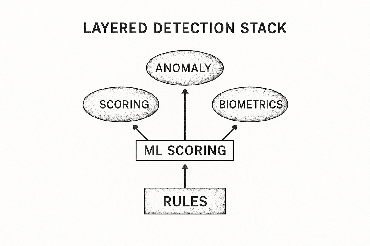 Layered detection stack diagram showing Rules at the base, ML Scoring in the middle, and Anomaly Detection, Biometrics, and GNN at the top feeding into a combined risk score