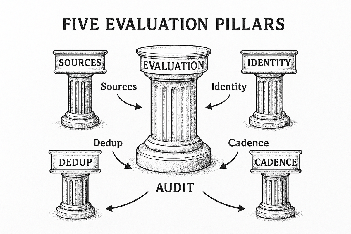 Five pillars of adverse media screening evaluation: Sources, Identity Resolution, Deduplication, Cadence, and Audit Trail