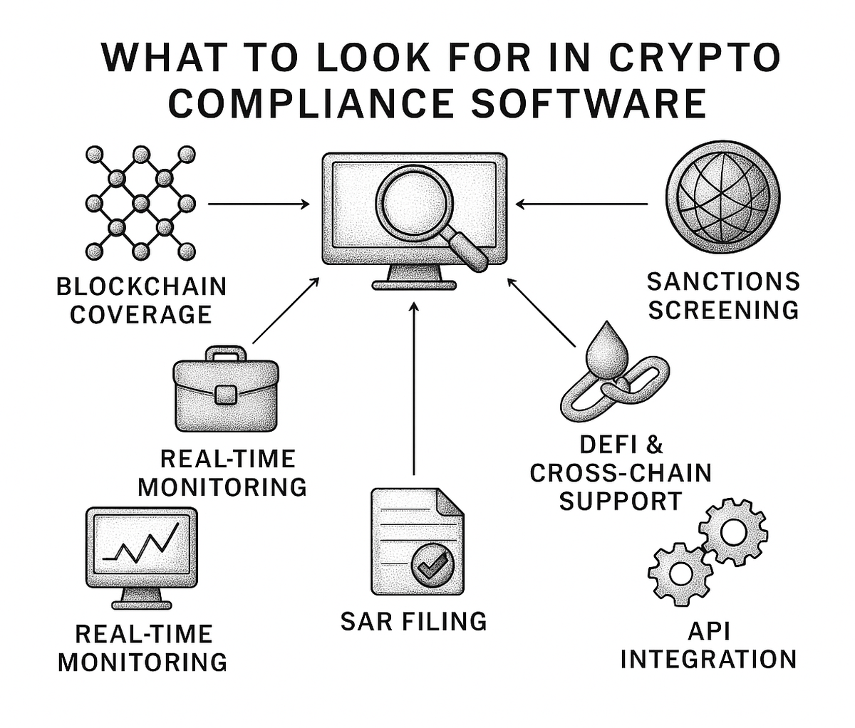Diagram showing seven evaluation criteria for crypto compliance software: blockchain coverage, real-time monitoring, Travel Rule compliance, DeFi and cross-chain support, sanctions screening, SAR filing, and API integration