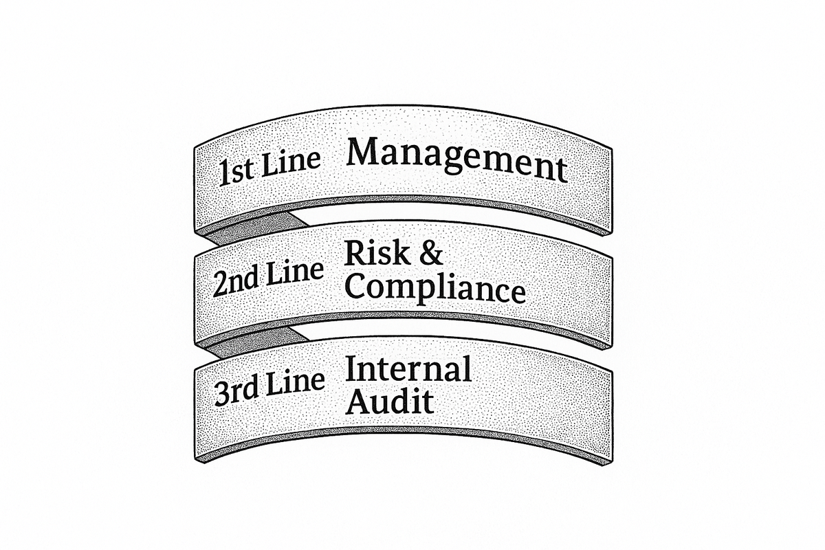 Three stacked bands showing the lines of defence: first line management, second line risk and compliance, third line internal audit