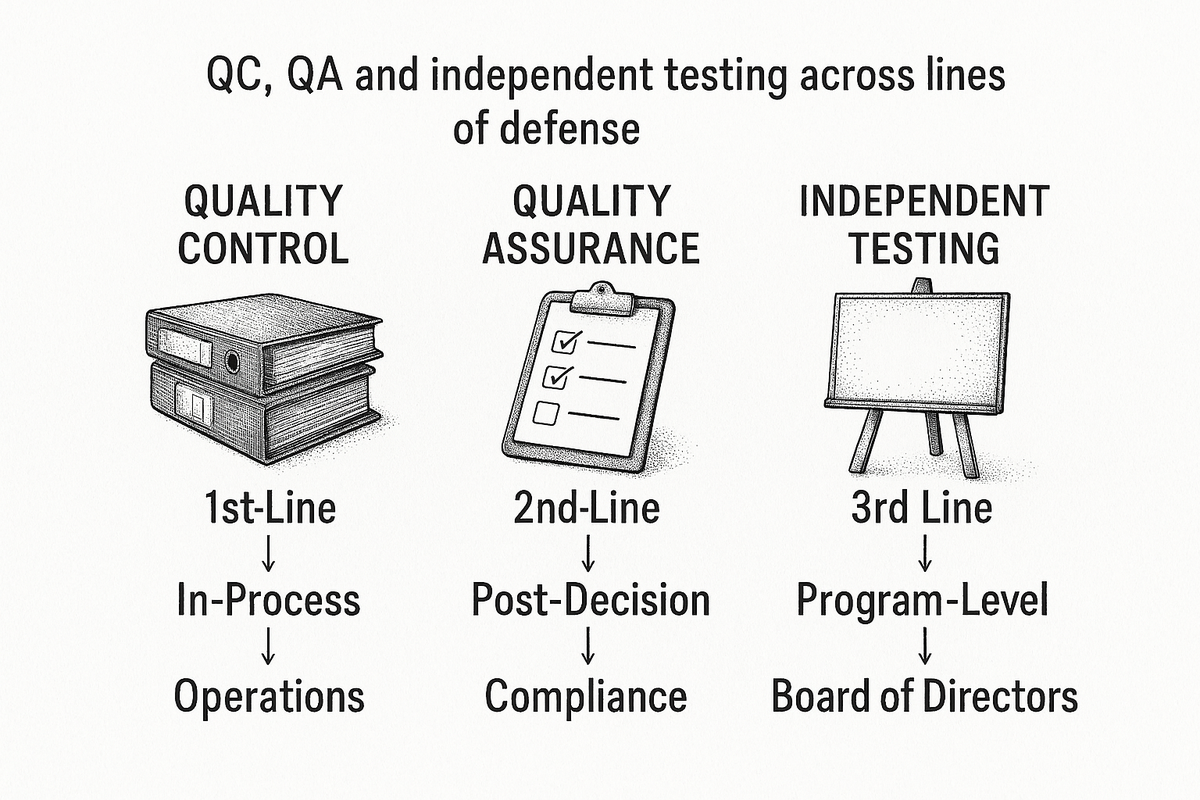 Three-column comparison of quality control, quality assurance and independent testing by line of defense, timing and owner