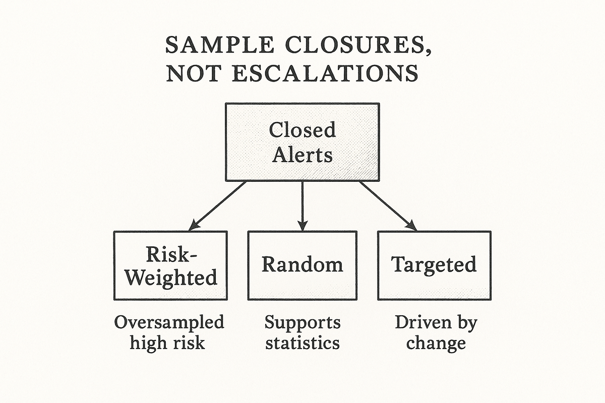 Closed alerts feeding three separate sampling strata labeled risk-weighted, random and targeted