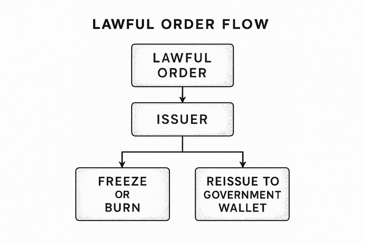 Flow diagram showing a lawful order reaching a stablecoin issuer and branching into freeze or burn and reissue to a government wallet