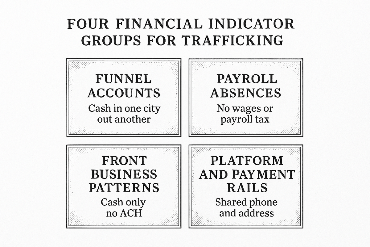Grid of four financial indicator groups for human trafficking: funnel accounts, payroll absences, front business patterns, and platform and payment rails