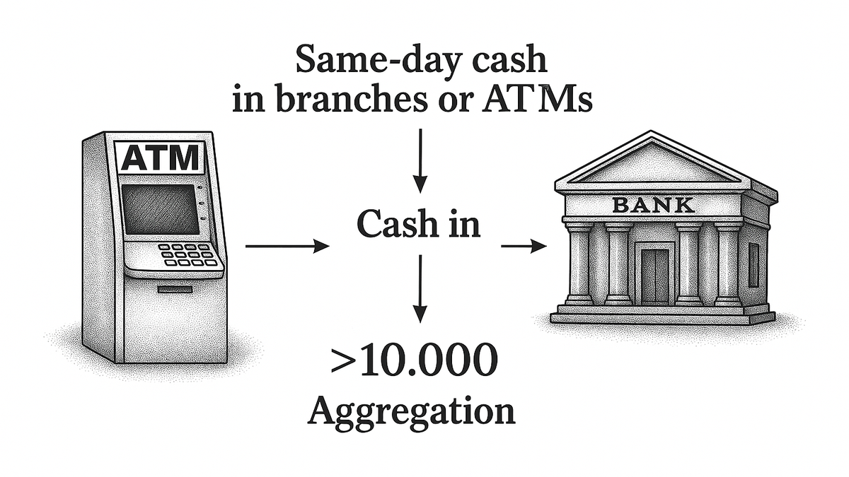 Diagram of same-day cash deposits across a branch and ATM aggregating over the CTR line