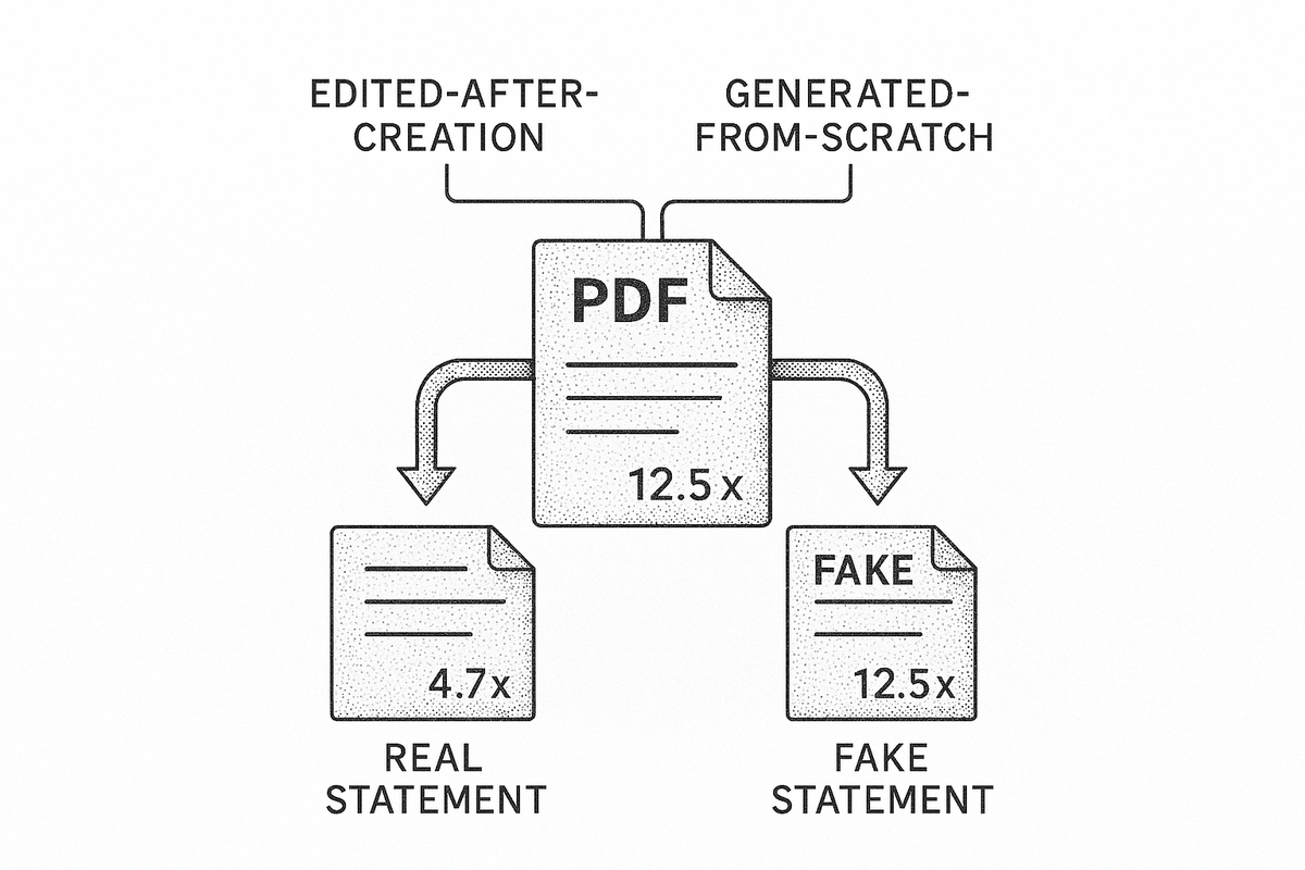 Two production methods for fake bank statements: edited-after-creation versus generated-from-scratch