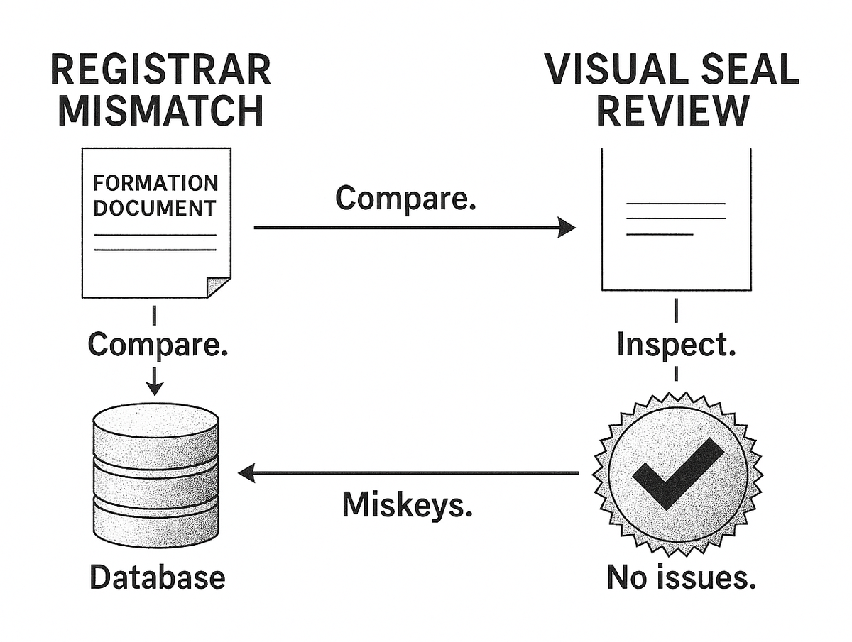 Comparison of a registrar-number mismatch against a visual seal check that can be faked
