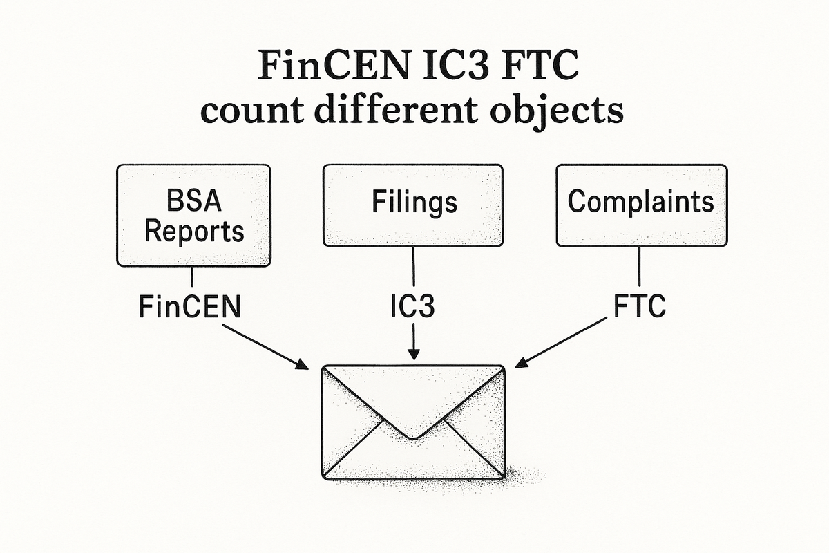 Three agency series — FinCEN, IC3, and FTC — each measuring a different object