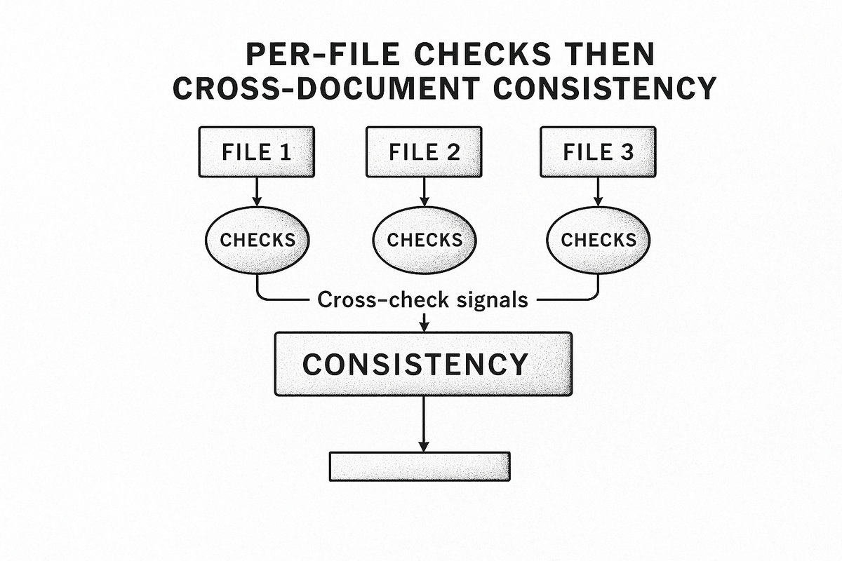 Two-layer loan detection: per-file forensics then cross-document consistency