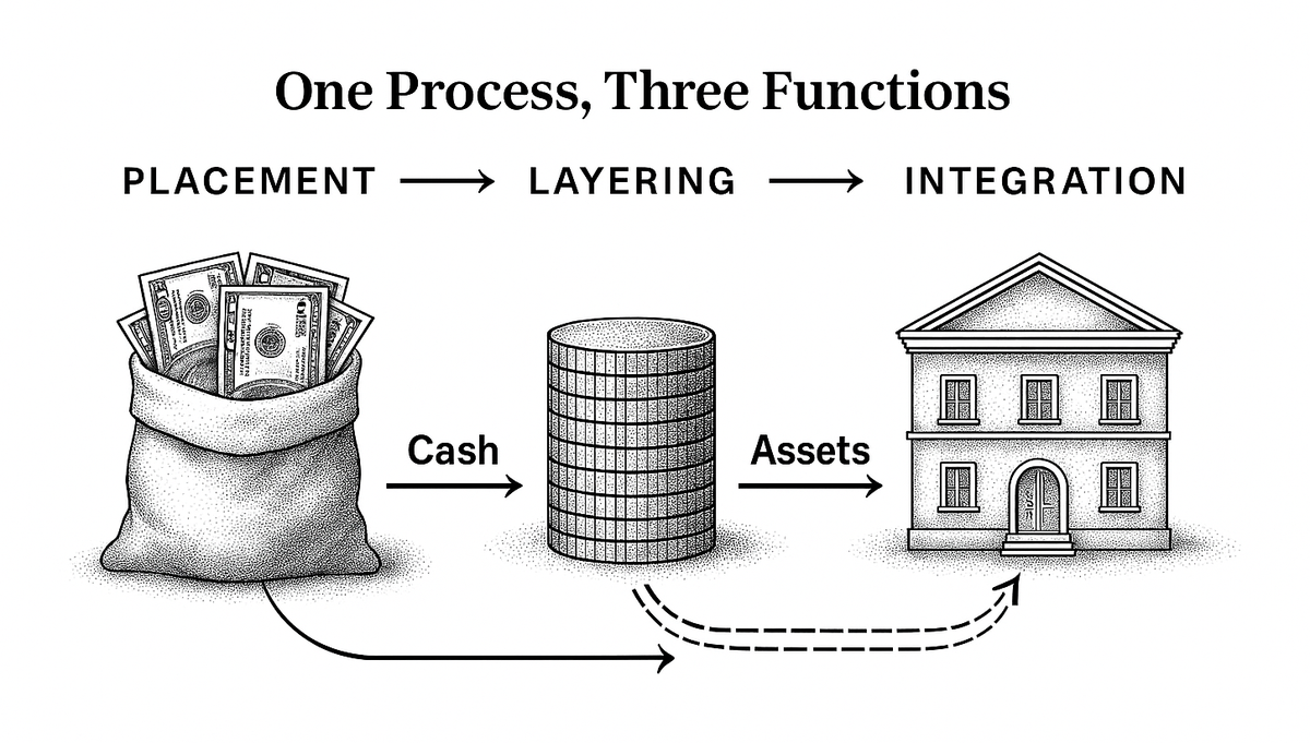 Three-stage flow diagram showing money laundering moving from placement through layering to integration