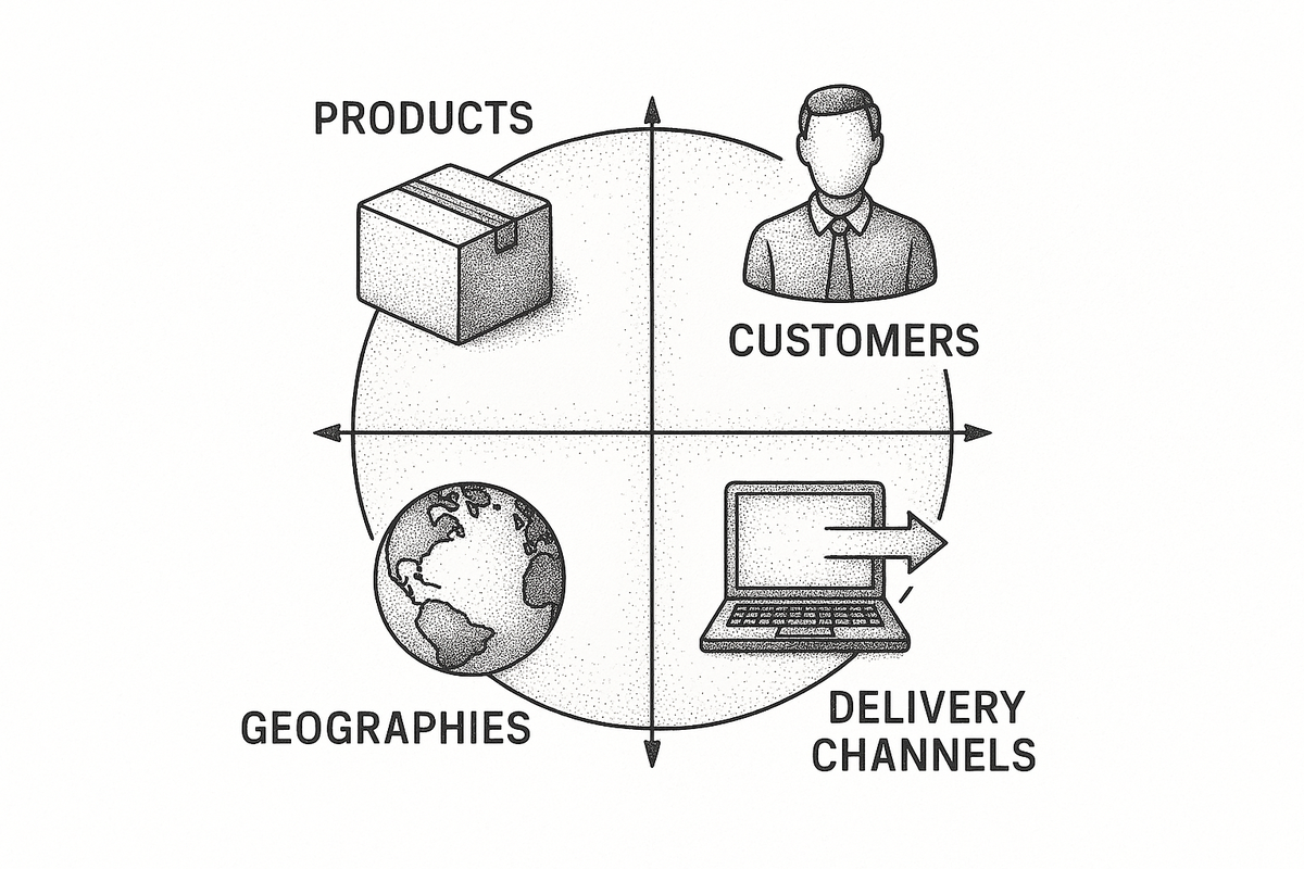 Four-quadrant diagram of BSA/AML risk assessment categories: products and services, customers, geographies, delivery channels
