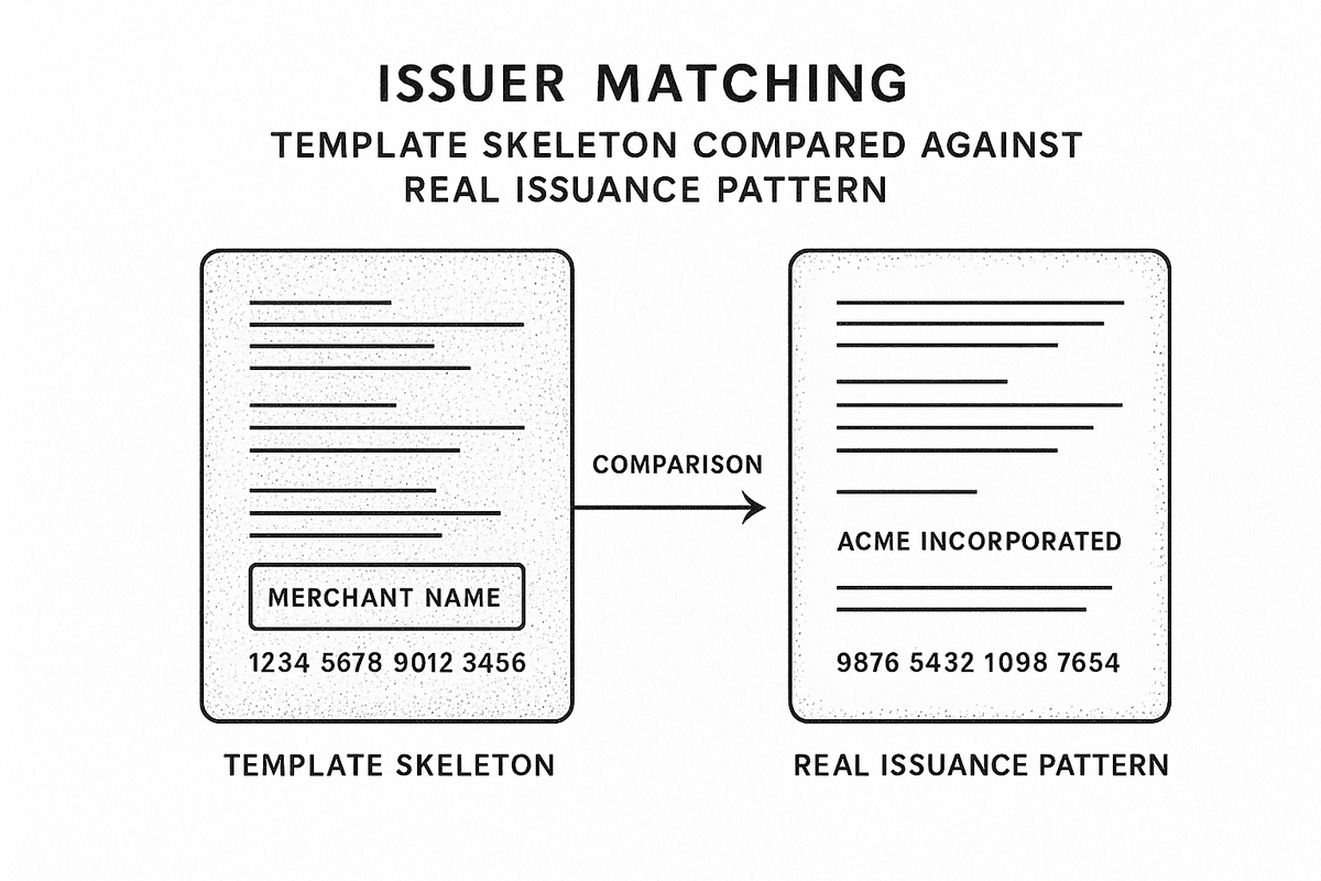 Diagram comparing a template skeleton against a real issuer's document pattern during issuer matching