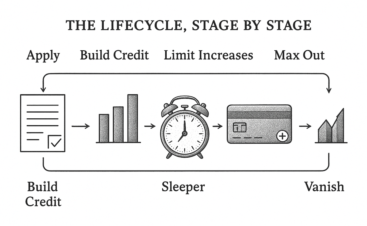 Timeline diagram of a bust-out fraud lifecycle from application through credit building to rapid utilization and abandonment