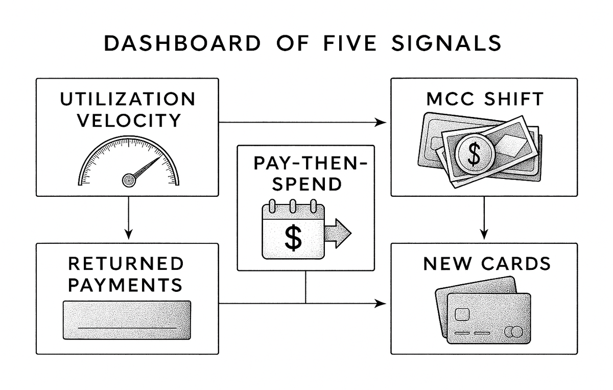 Diagram of five behavioral signals that precede a bust-out: utilization velocity, pay-then-spend cycles, merchant shift, returned payments, new cards