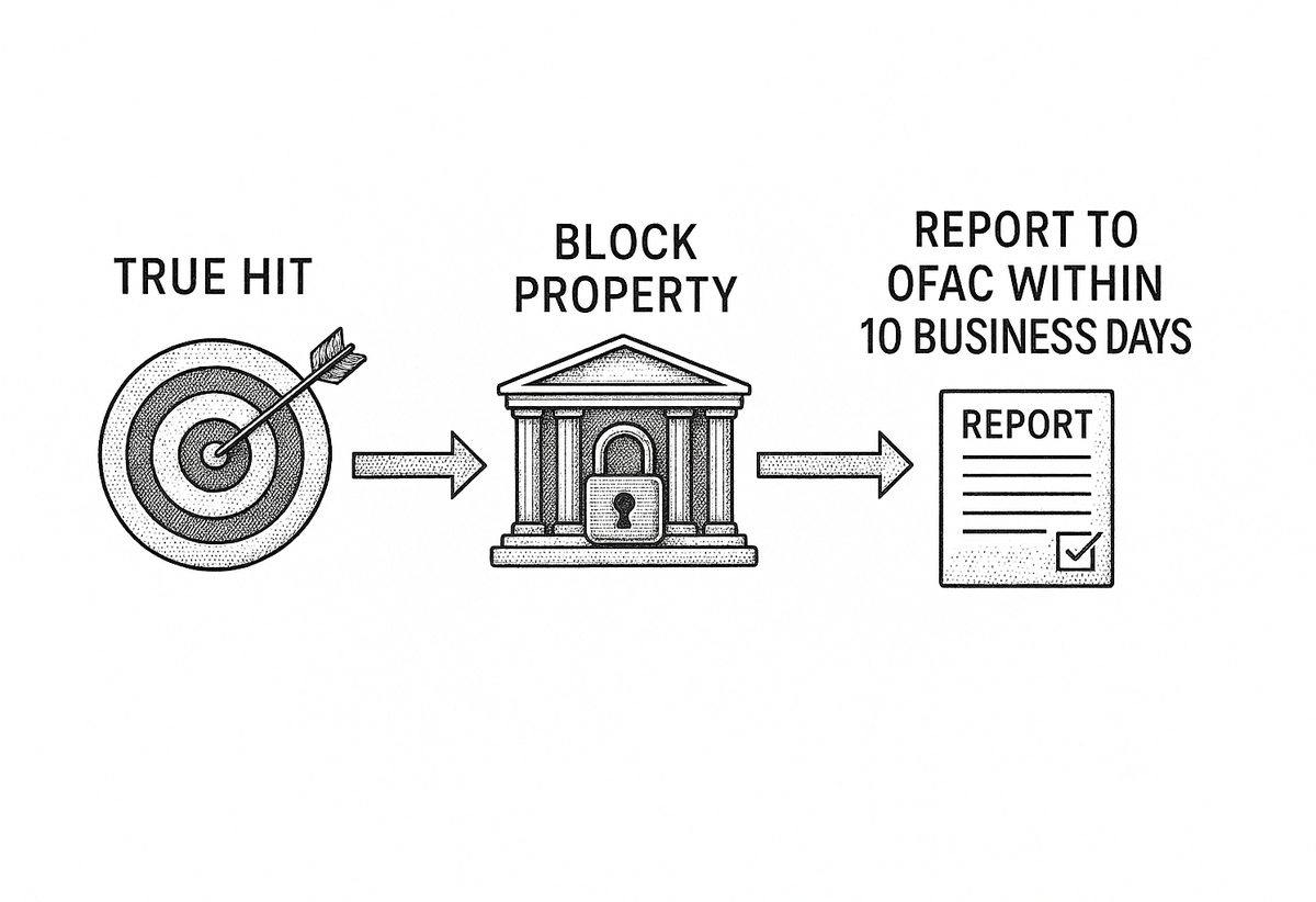 Timeline diagram of obligations after a true OFAC SDN hit: block, report within 10 business days, annual blocked property report