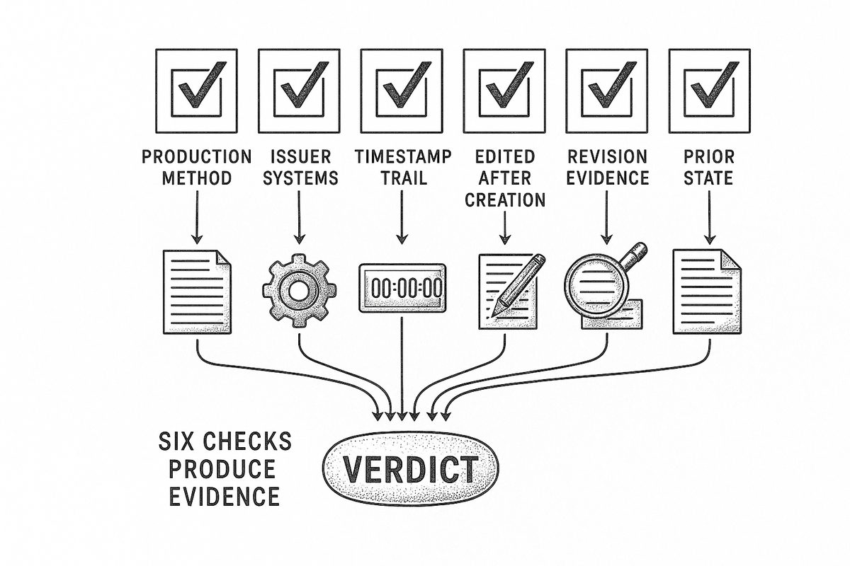 Diagram of six document checks each producing an evidence item that feeds a single explained verdict