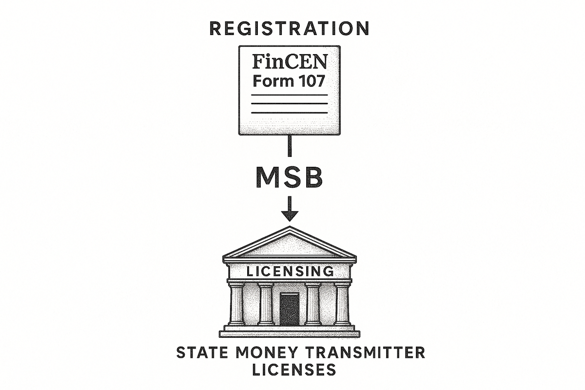 Two-layer diagram showing federal FinCEN MSB registration and state-by-state money transmitter licensing