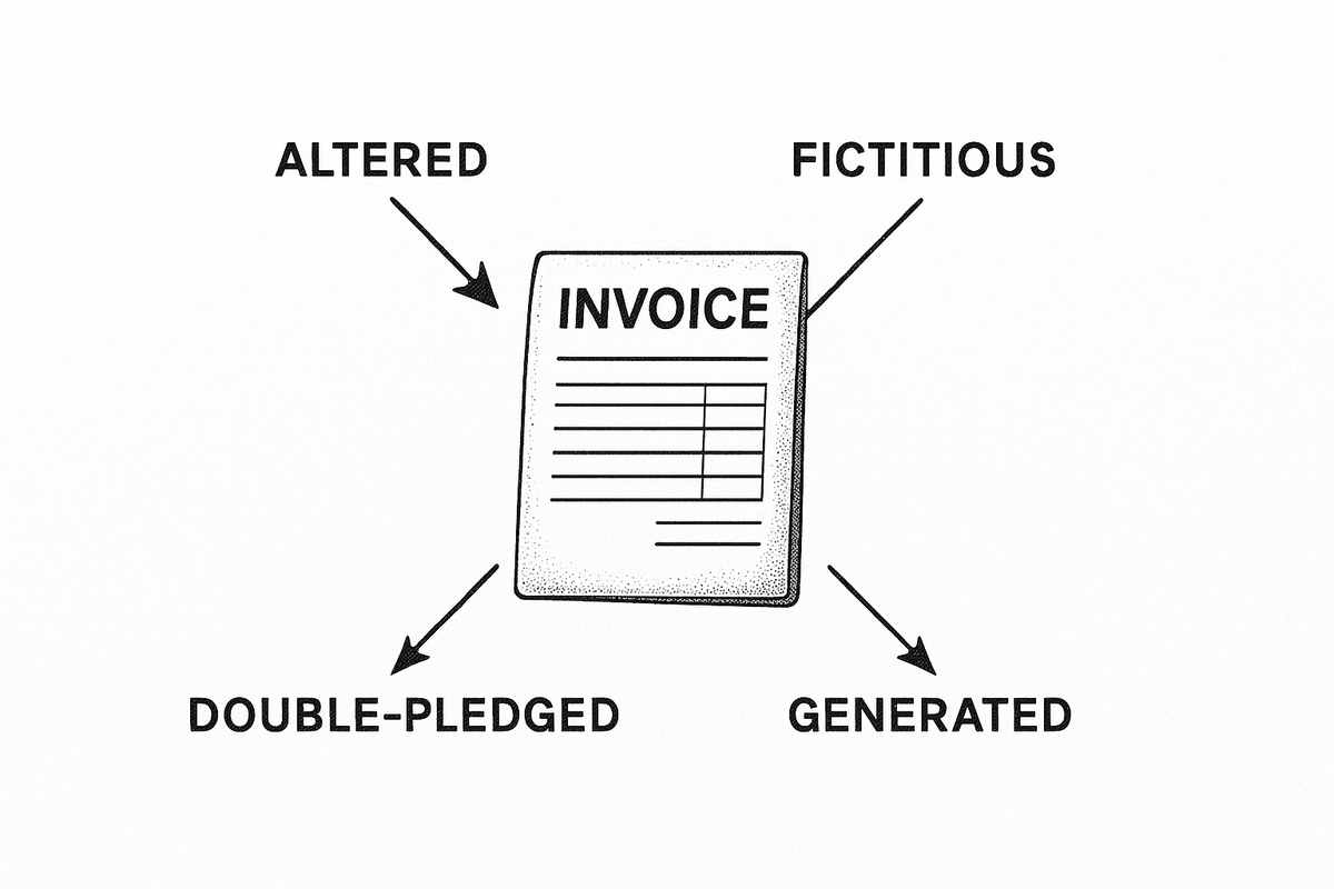 Diagram of an invoice with four fraud paths: altered details, fictitious receivable, double-pledged, AI-generated