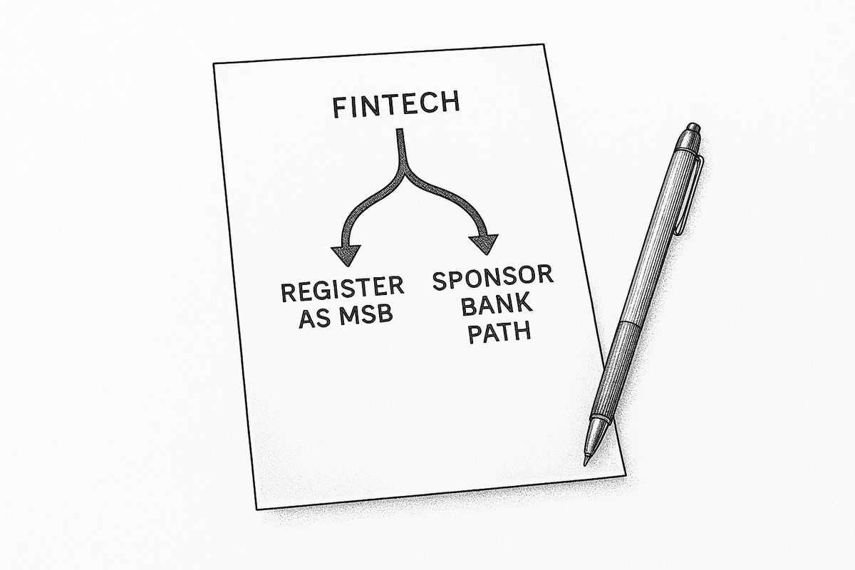 Decision fork diagram showing a fintech choosing between registering as an MSB and operating under a sponsor bank