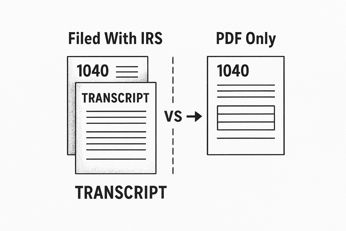 Diagram contrasting a tax return the IRS has accepted with a PDF that was never filed, with the transcript as the proof