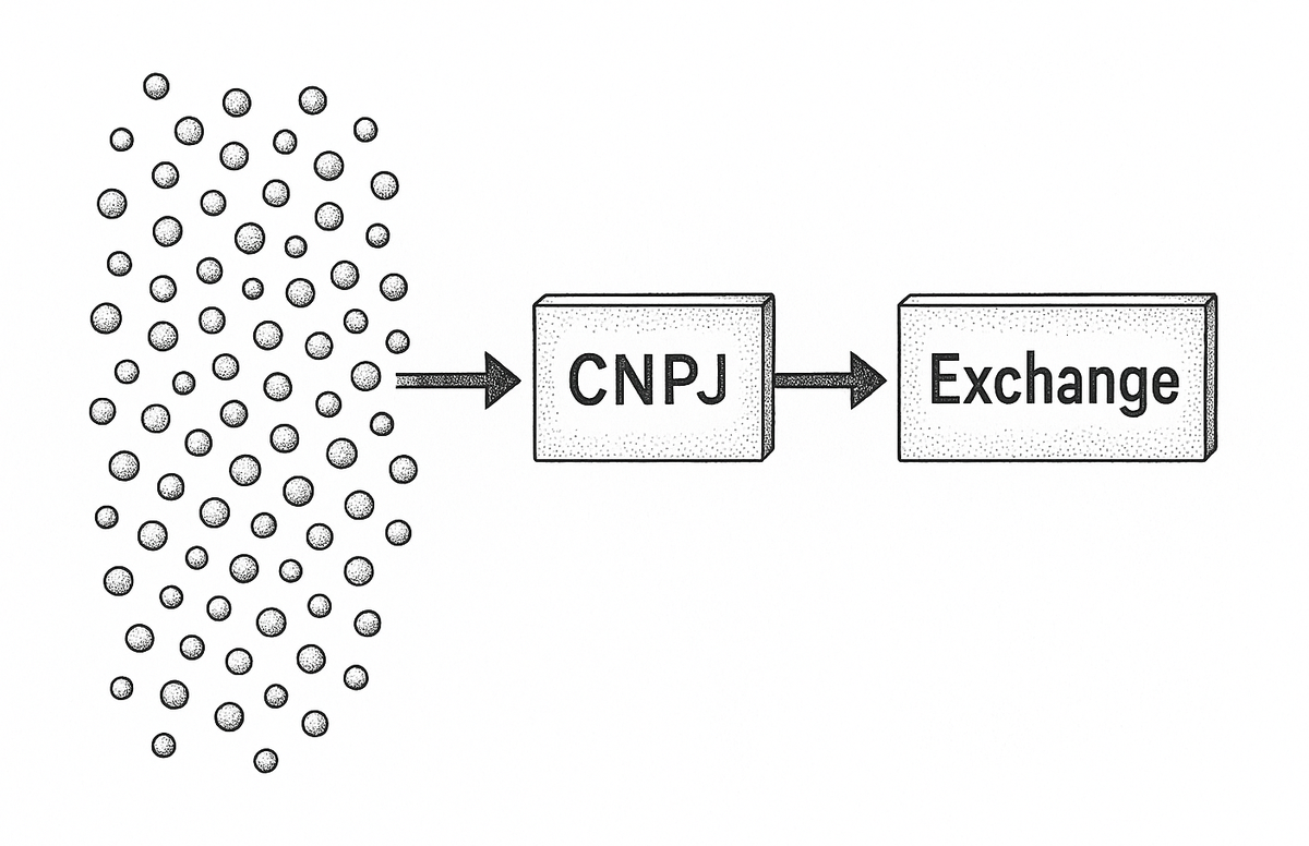 Cluster diagram of many payer accounts converging on a newly registered company that pays out to an exchange