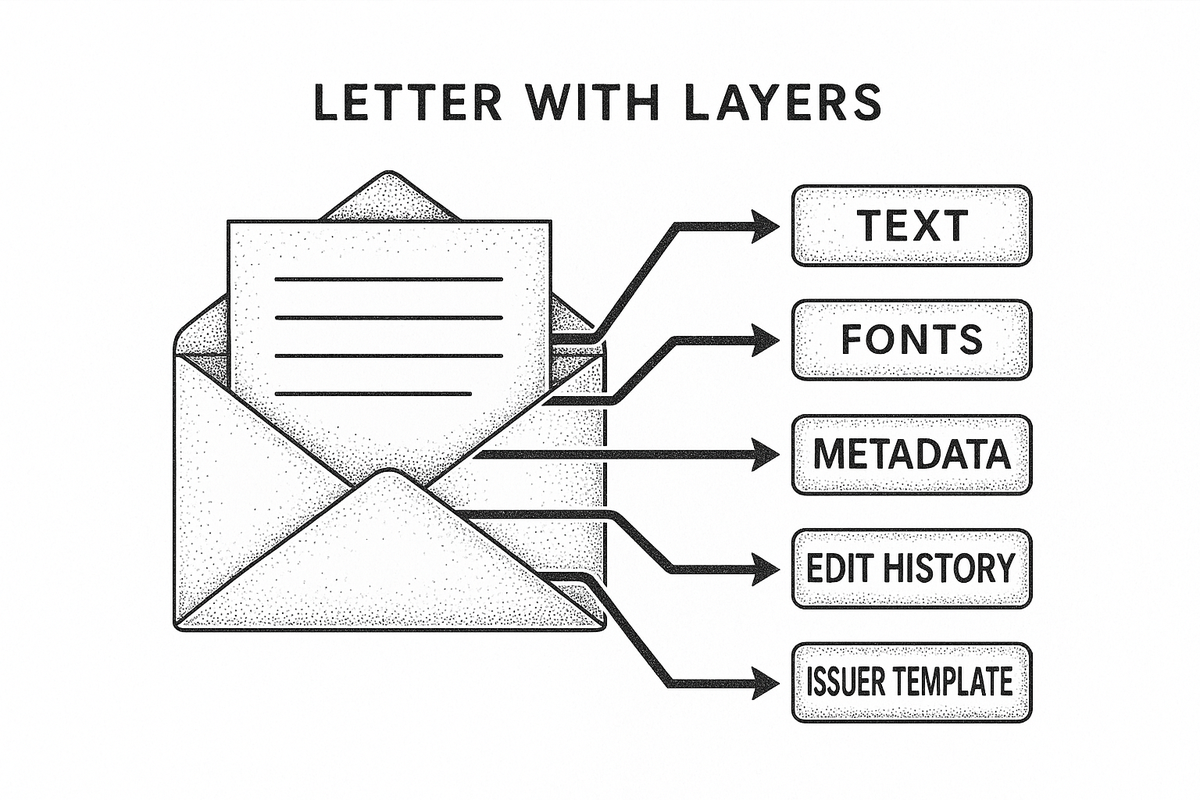 Layered diagram of a proof of funds letter showing text, fonts, metadata, edit history, and issuer template checks