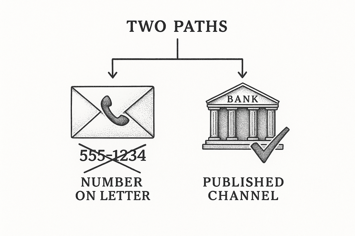 Diagram contrasting calling the number printed on a letter with verifying through the bank's published channels