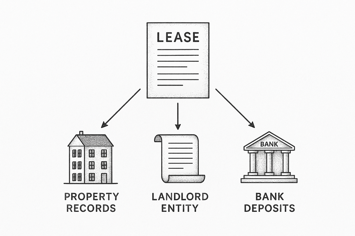 Diagram of a lease agreement linked to property records, the landlord entity, and rent deposits
