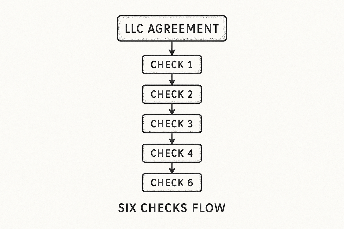 Six-check flow for an operating agreement