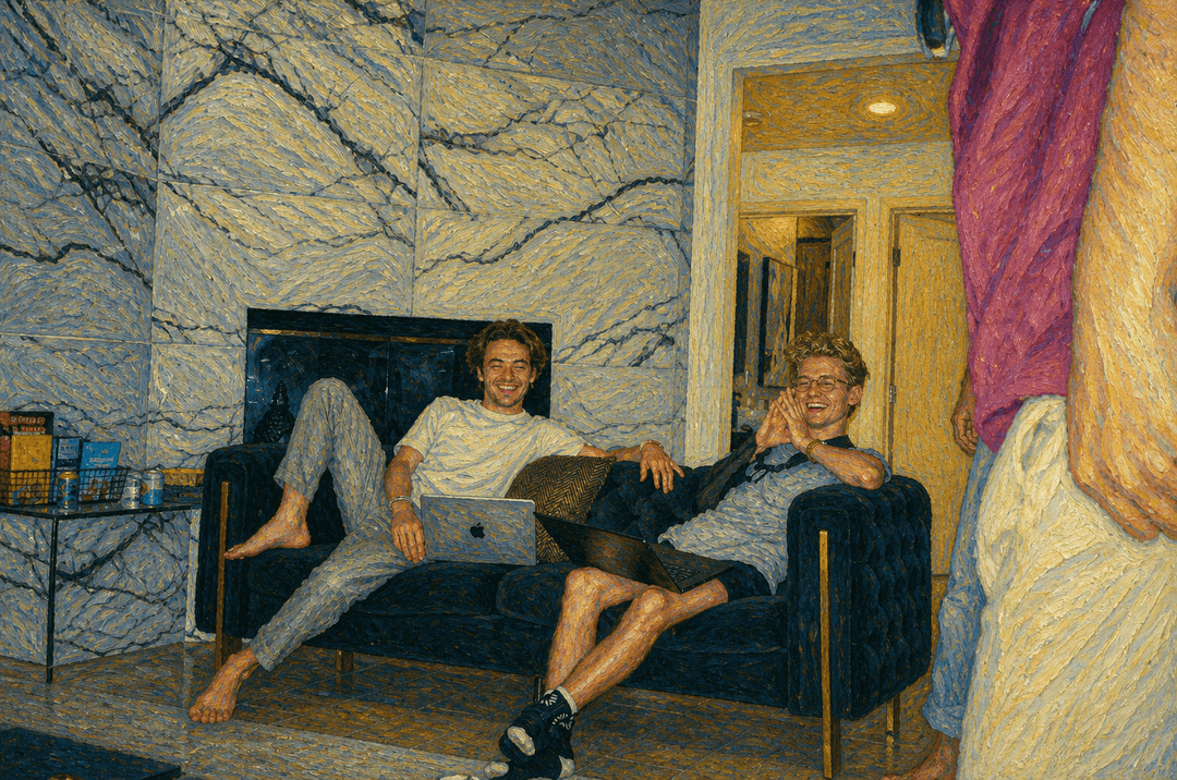 Two young men with laptops laughing on a dark couch in a modern room with marble walls.