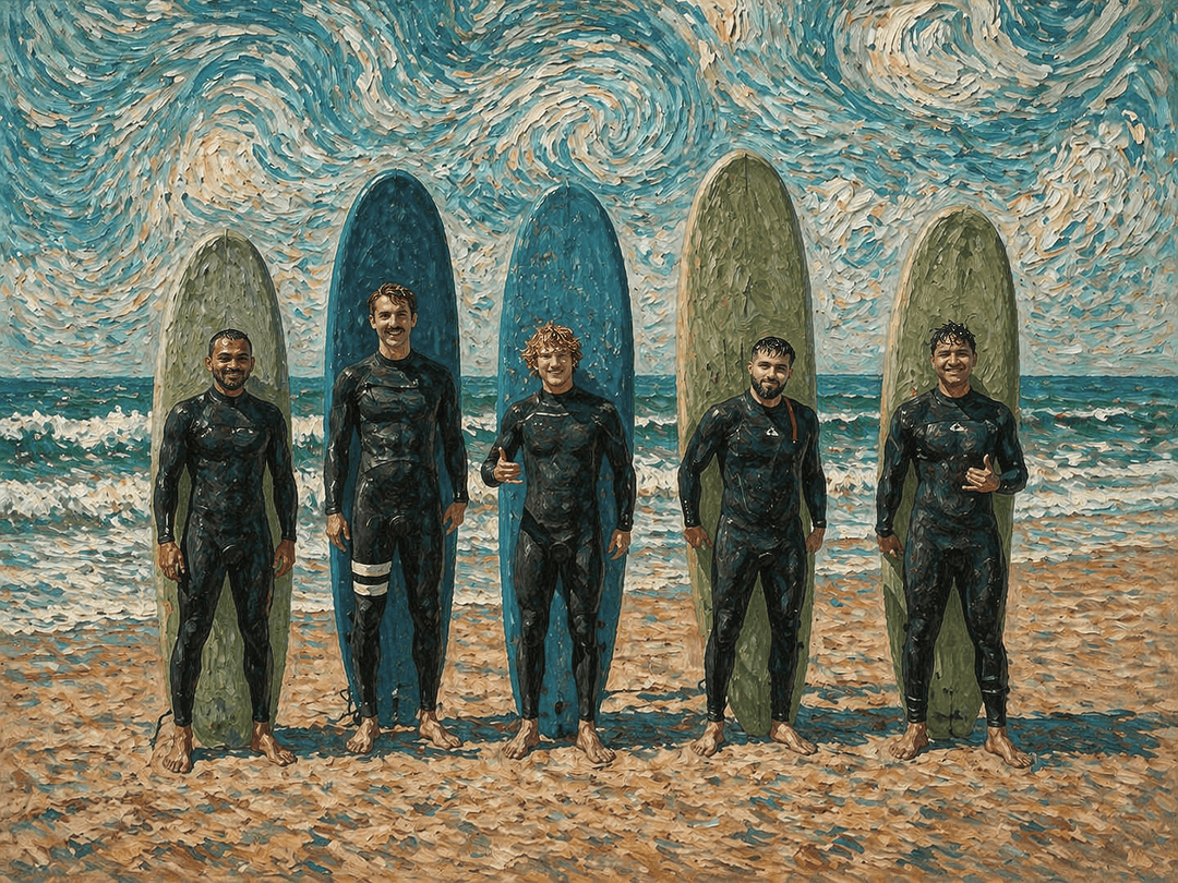Five surfers in wetsuits stand on a sandy beach with surfboards and an ocean background.