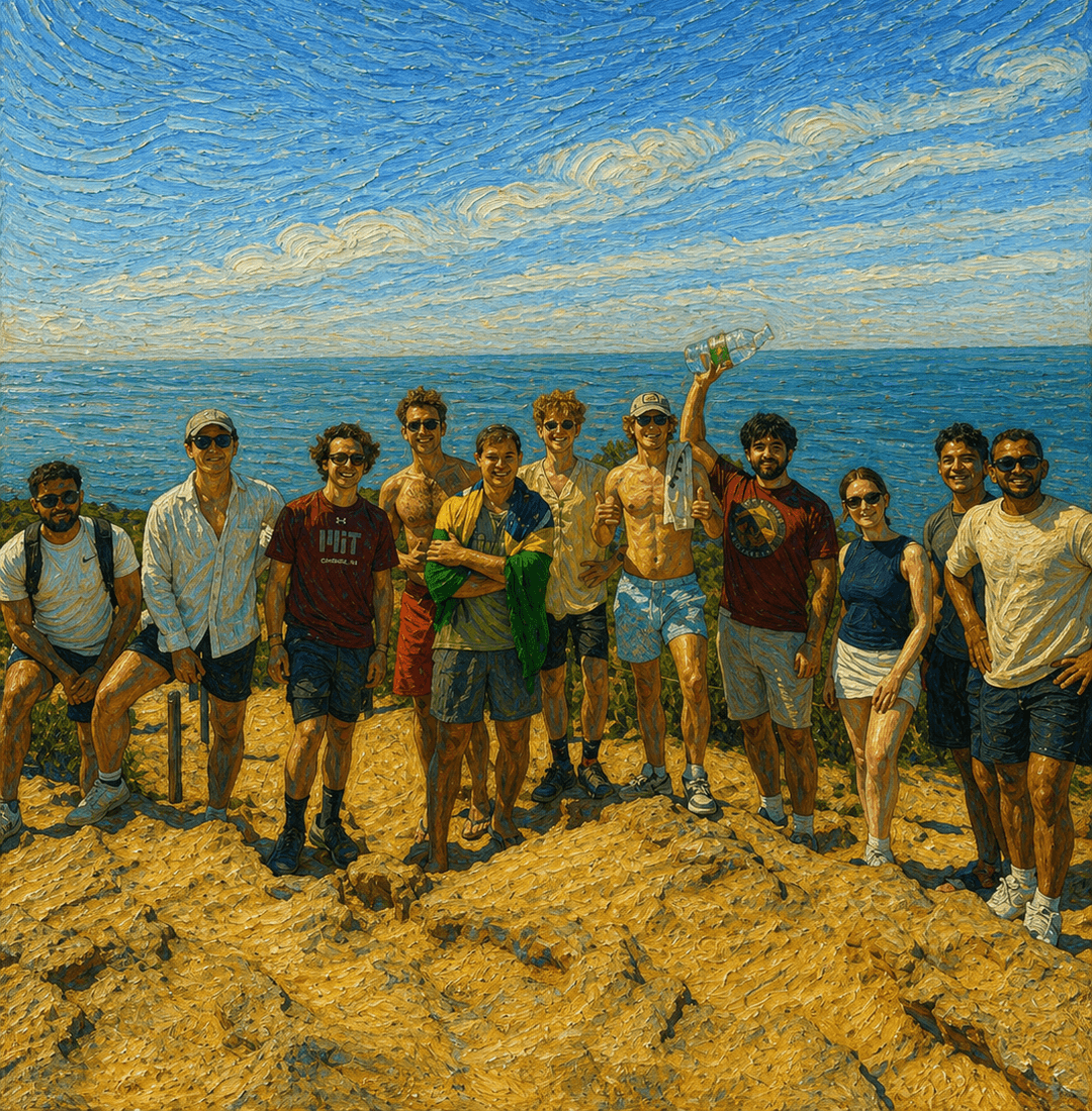 Group of eleven young adults posing on a rocky cliff with the ocean and sky in the background.